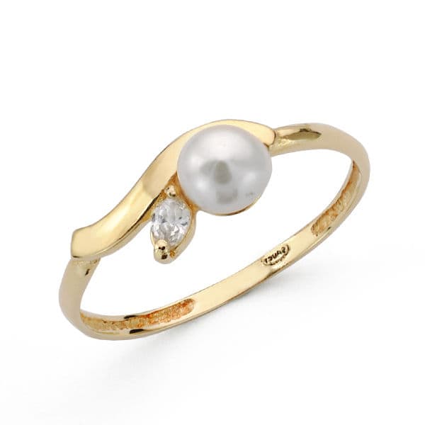 Sortija Hoja con Perla 4,5 mm y Circonita. Ancho: 6 mm de oro amarillo 18K