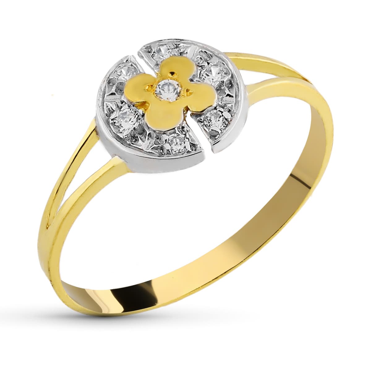 18K SORTIJA ORO BICOLOR MACIZA MOTIVO REDONDO CON FLOR Y CIRCONITAS. ANCHO: 8 MM