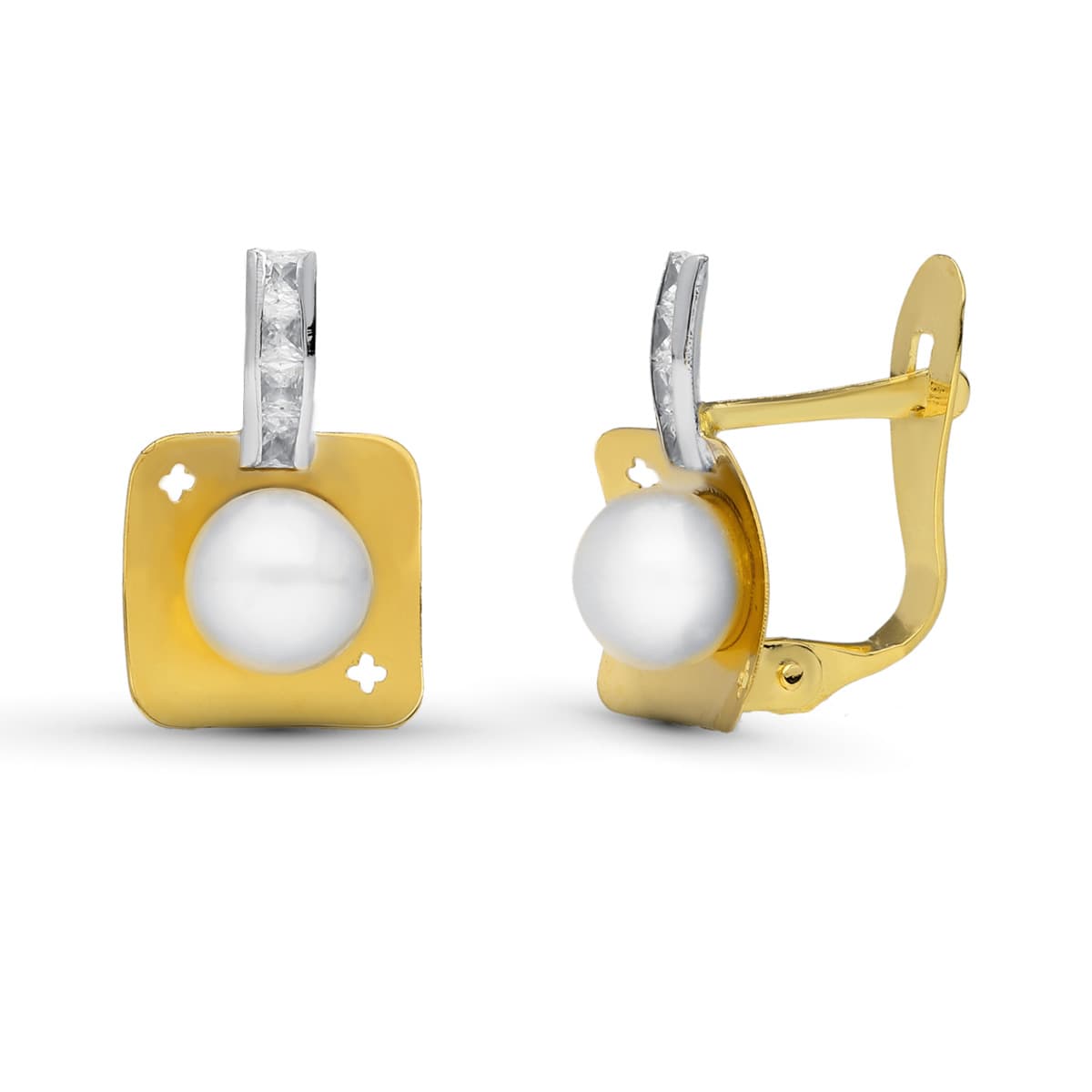 Pendientes Bicolor Perla 12 x 8 mm 18K