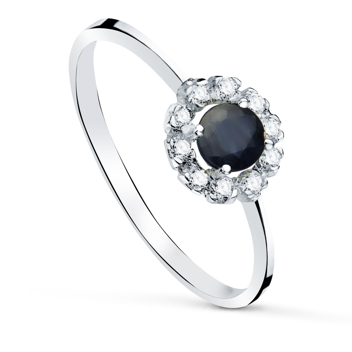 Sortija con Zafiro 4 mm y 0,26 Qtes y Circonitas. Cuajo 7 X 7 M de oro blanco 18K