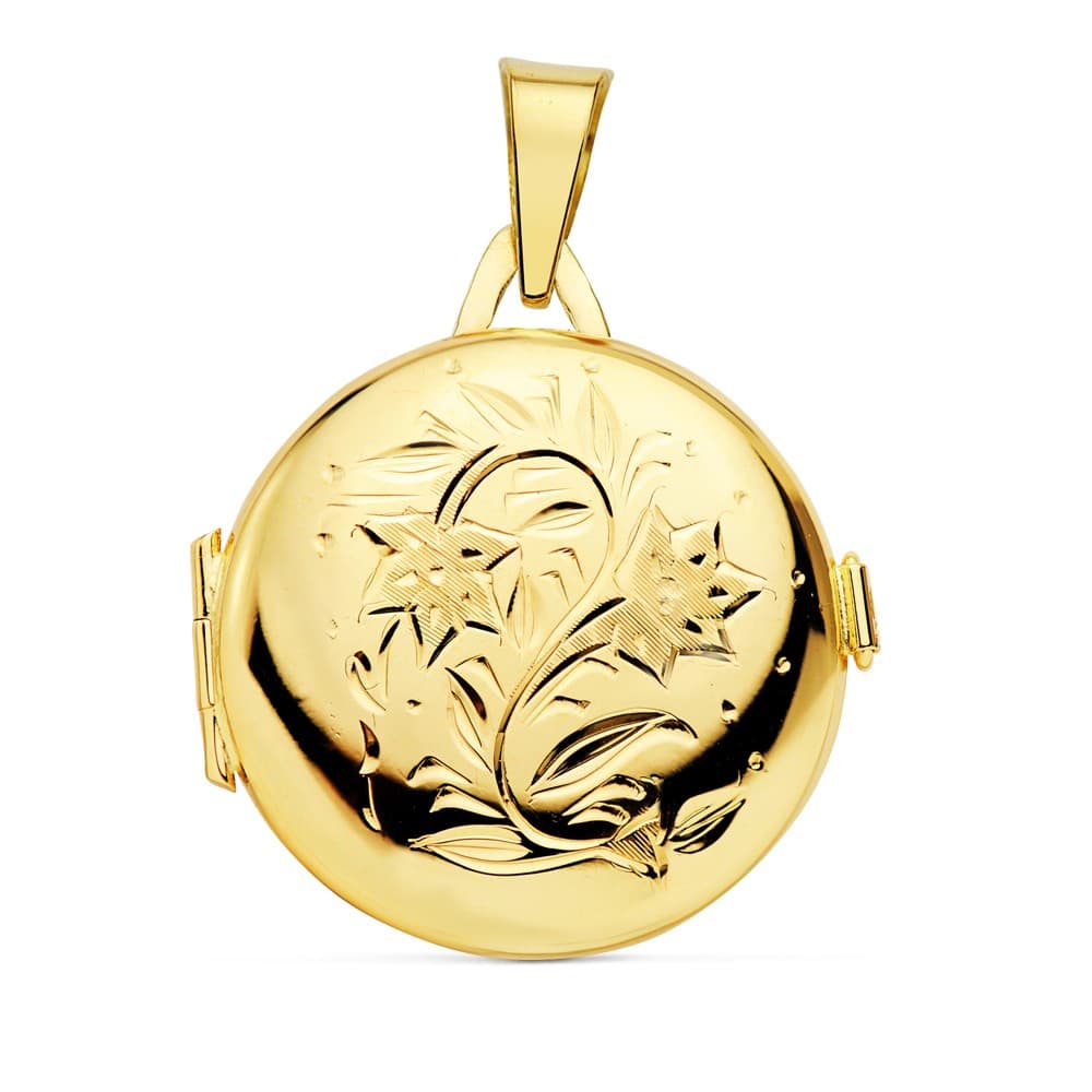 Guardapelo Dije Portafotos Redondo Labrado. 23 mm de oro amarillo 18K