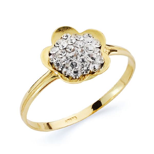 18K SORTIJA ORO AMARILLO FLOR CON CIRCONITAS. ANCHO: 10 MM