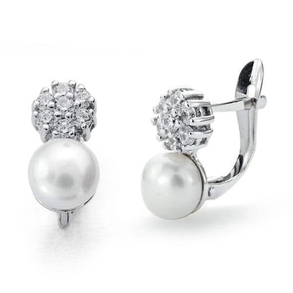 Pendientes Perla-circonita 12 x 6 mm de oro blanco 18K