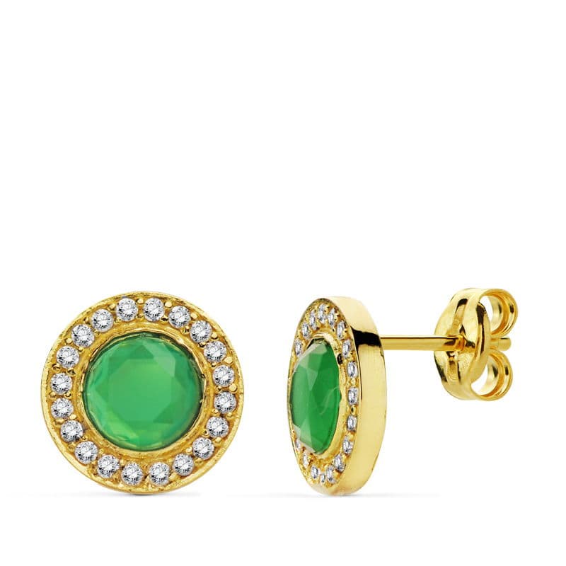 Pendientes Piedra Verde. 9 mm Circonita de oro amarillo 18K