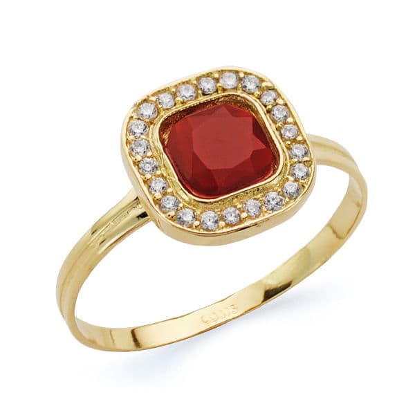 18K SORTIJA ORO AMARILLO CUADRADO CON CIRCONITAS ROJA Y BLANCAS. ANCHO: 9 MM