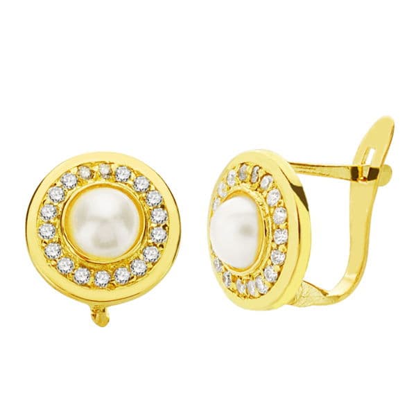 Pendientes Perla y Circonita 9 mm de oro amarillo 18K