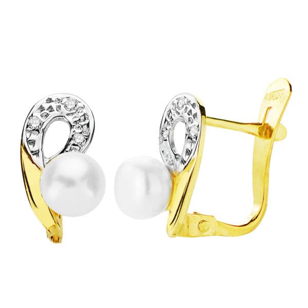 Pendientes Bicolor Perla 10 x 6 mm 18K