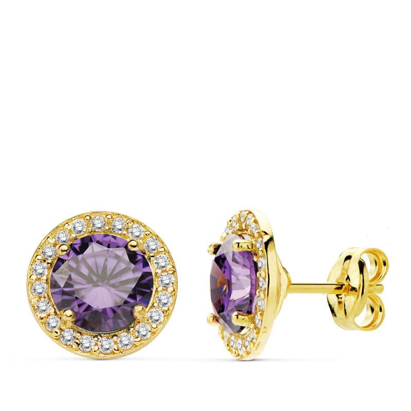 Pendientes Piedra Amatista Circon. 9 mm de oro amarillo 18K