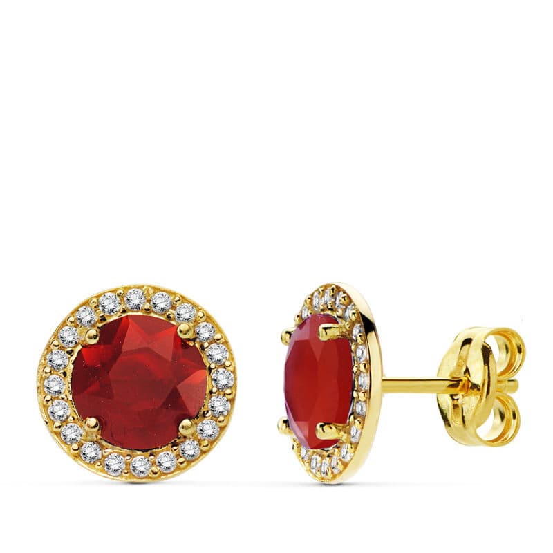 Pendientes Piedra Roja Circonita 9 mm de oro amarillo 18K