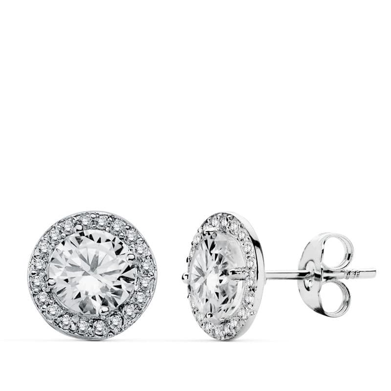 18K PENDIENTES ORO BLANCO REDONDOS CIRCONITA 9 MM CIERRE PRESION