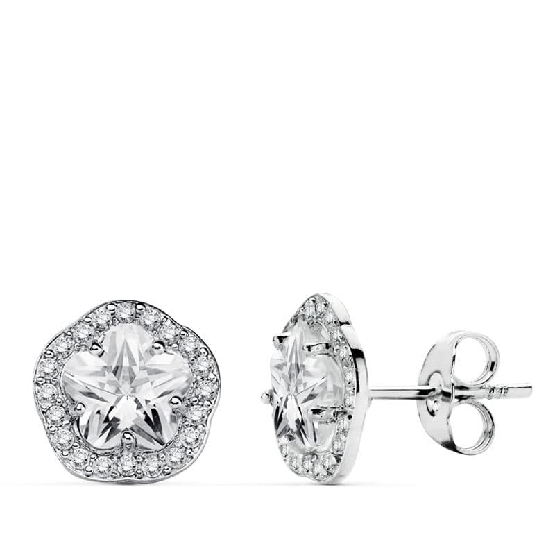 Pendientes Flor y Circonita 9 mm de oro blanco 18K