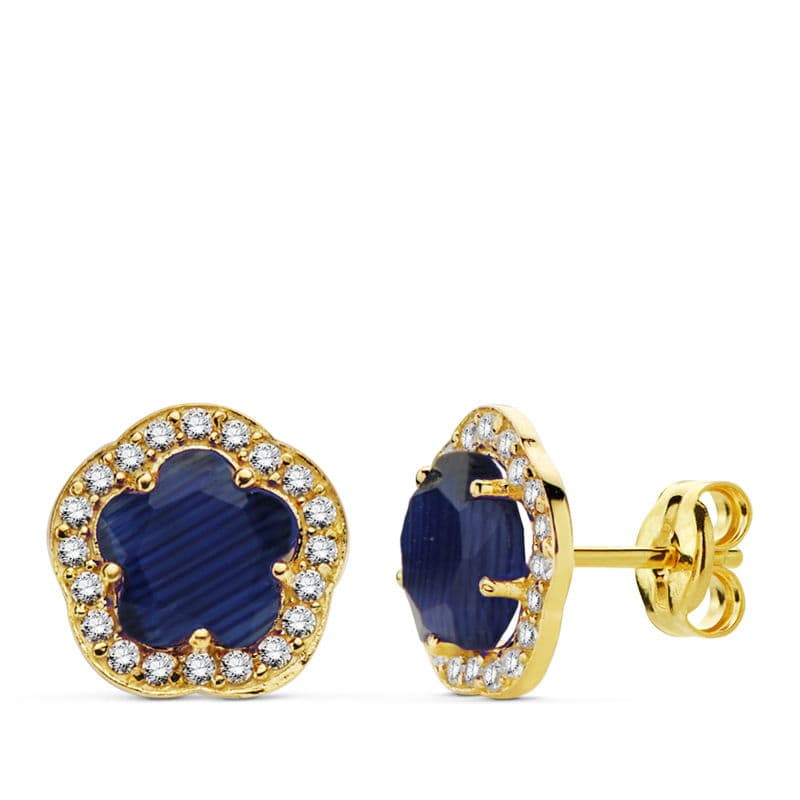 Pendientes Flor Piedra Azul. 9 x 9 mm de oro amarillo 18K