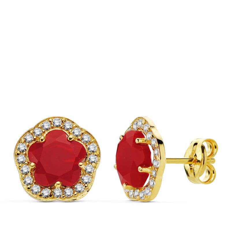 Pendientes Flor Piedra Roja 9 x 9 mm de oro amarillo 18K
