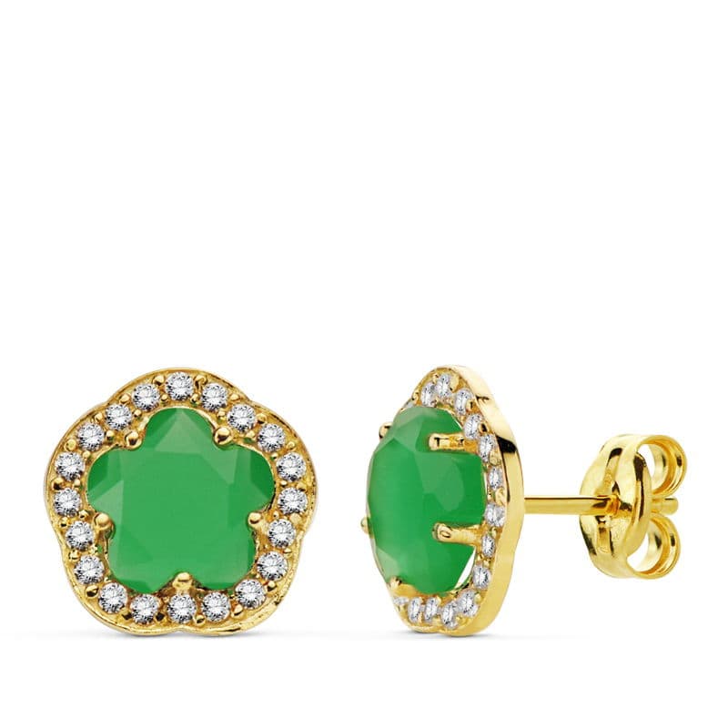 Pendientes Flor Piedra Verde. 9 x 9 mm de oro amarillo 18K