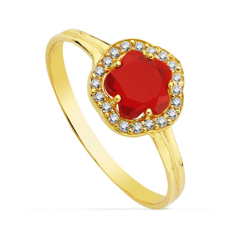 18K SORTIJA ORO AMARILLO CON CIRCONITA FLOR ROJA. ANCHO: 9 X 9 MM