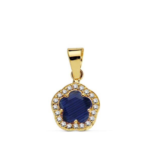 18K COLGANTE ORO AMARILLO FLOR PIEDRA AZUL 9 X9 MM