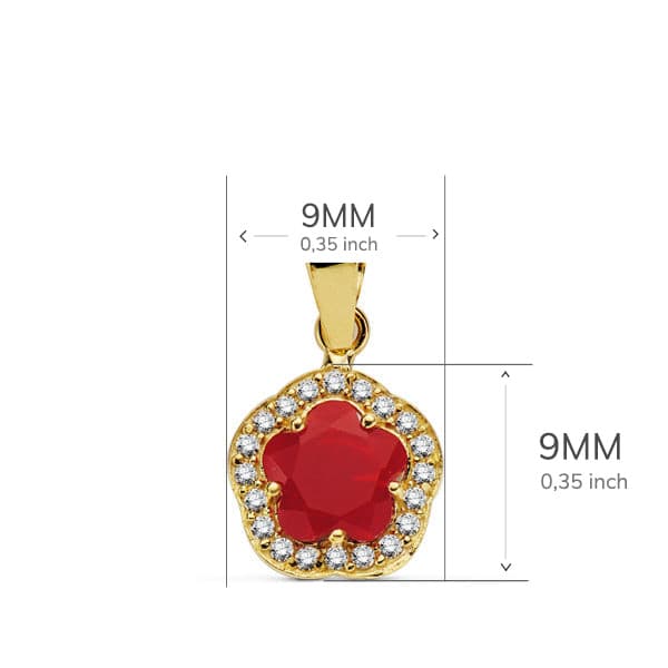 18K COLGANTE ORO AMARILLO FLOR PIEDRA ROJA 9 X9 MM