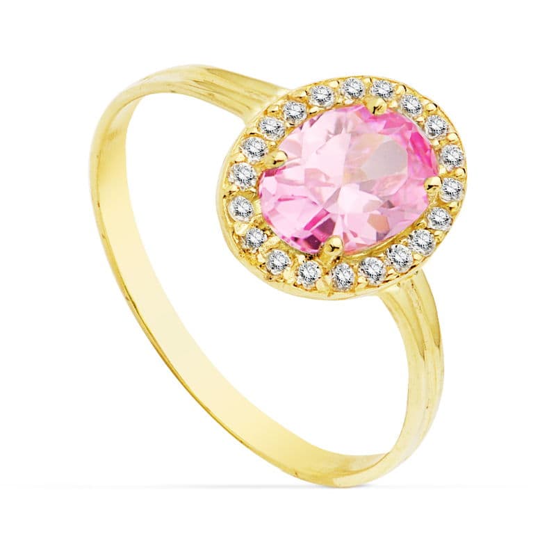 Sortija Circonita Rosa Oval 7 x 5 mm. Ancho: 10 mm de oro amarillo 18K