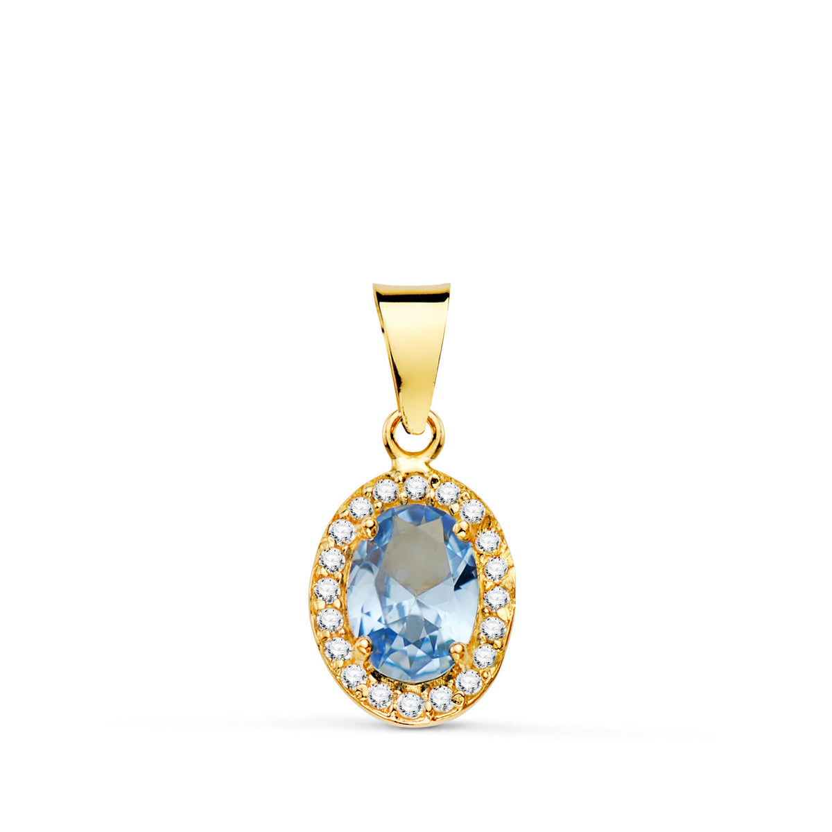 Colgante Oval Agua Marina con Circonitas. 12 x 8 mm de oro amarillo 18K