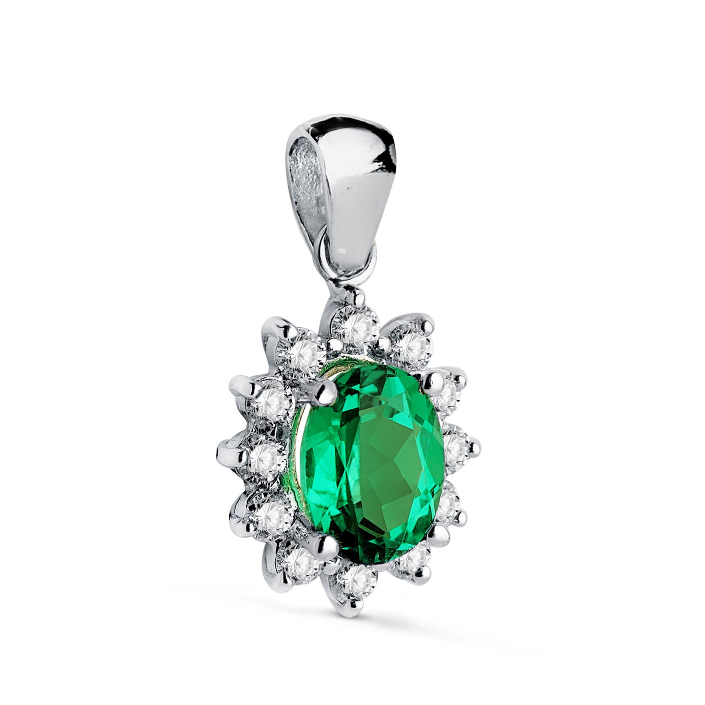 Colgante Esmeralda Recriztalizada 8 x 6 mm 1,10 Qt. 14 Diamantes Laboratorio 0,42 Qts Vs2-g. 12,5 x 11 mm de oro blanco 18K