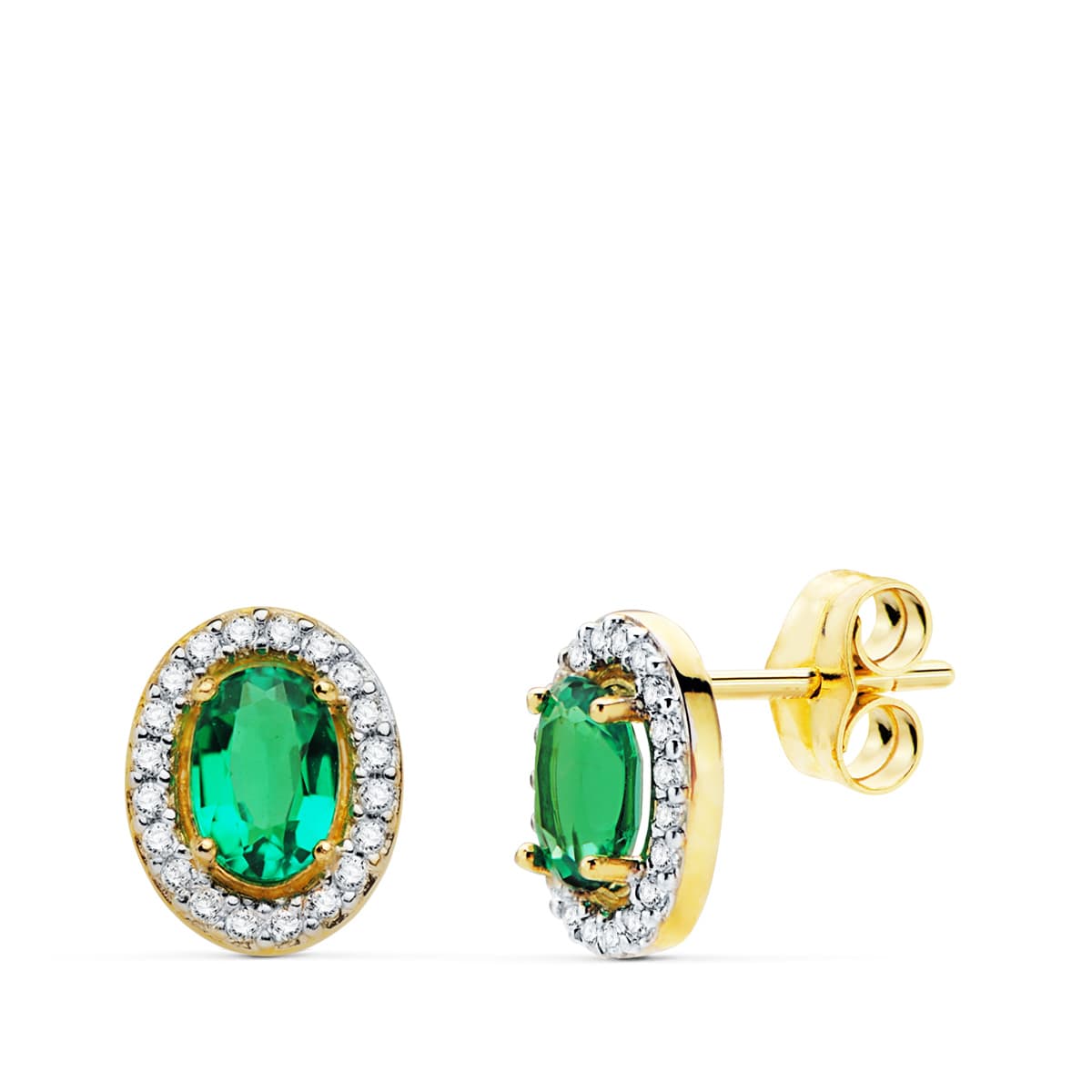 Pendientes Oval Esmeralda Recristalizada 0,98 Qt. 6 x 4 mm Cierre de presión. de oro amarillo 18K