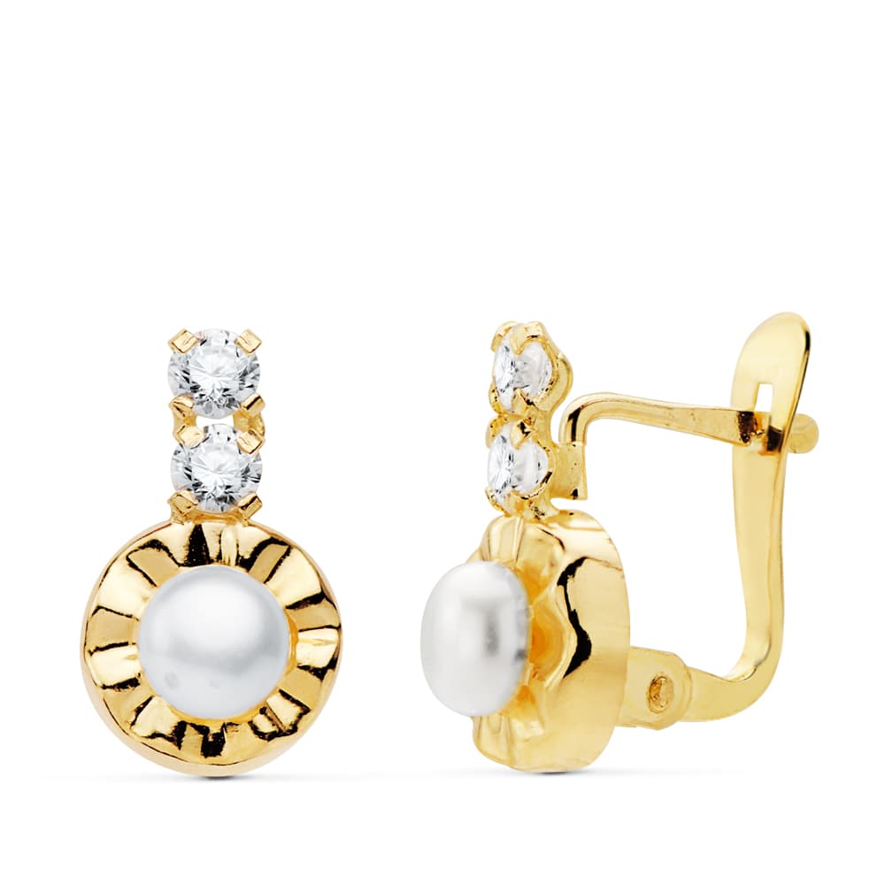 Pendientes Circonita 12 x 7 mm Perlas 4 mm de oro amarillo 18K