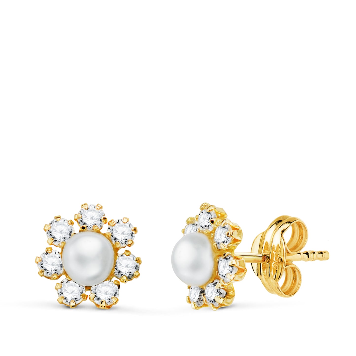 Pendientes con Circonitas y Perla de 4 mm. Medida: 9 x 9 mm. de oro amarillo 18K