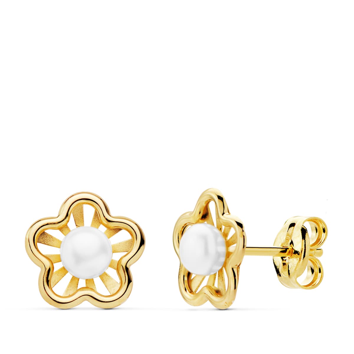 18K PENDIENTES ORO AMARILLO FLOR 8X7 MM PERLAS 3MM CIERRE PRESION