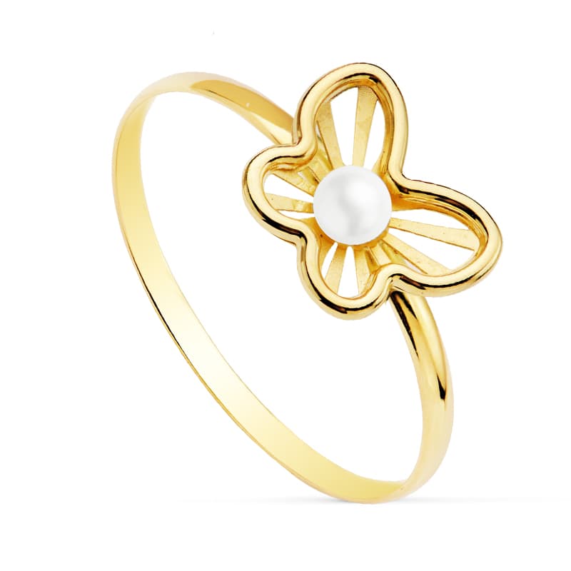 Sortija Mariposa Calada con Perla 2,5 mm. Medida: 9 x 7,5 mm de oro amarillo 18K