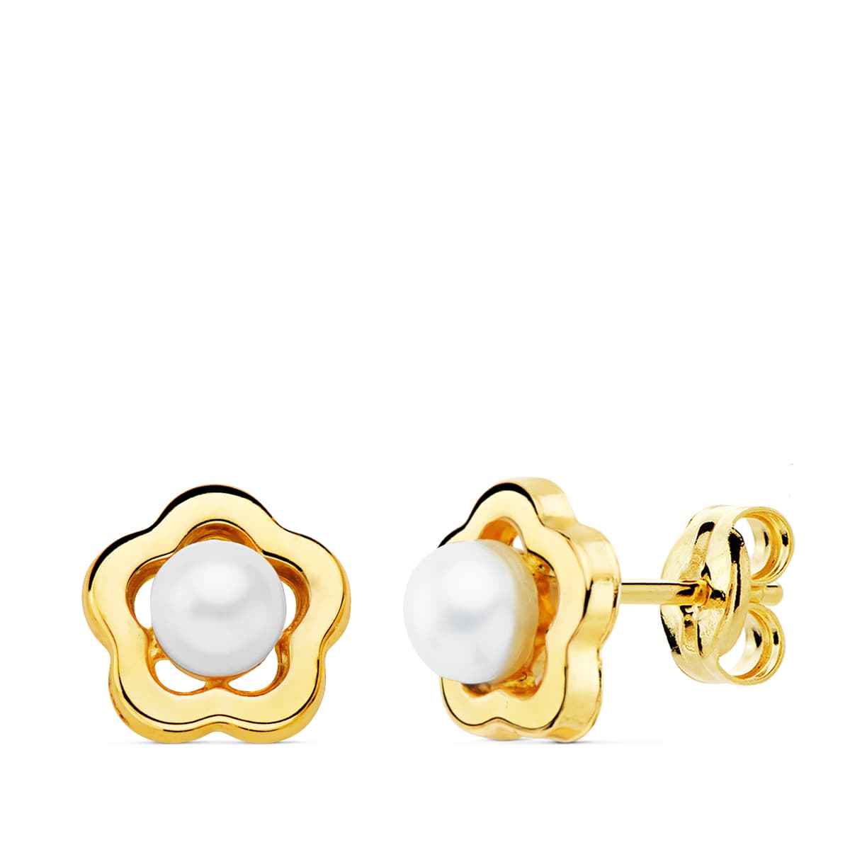 Pendientes Flor 8 x 8 mm Perlas 4 mm presión de oro amarillo 18K