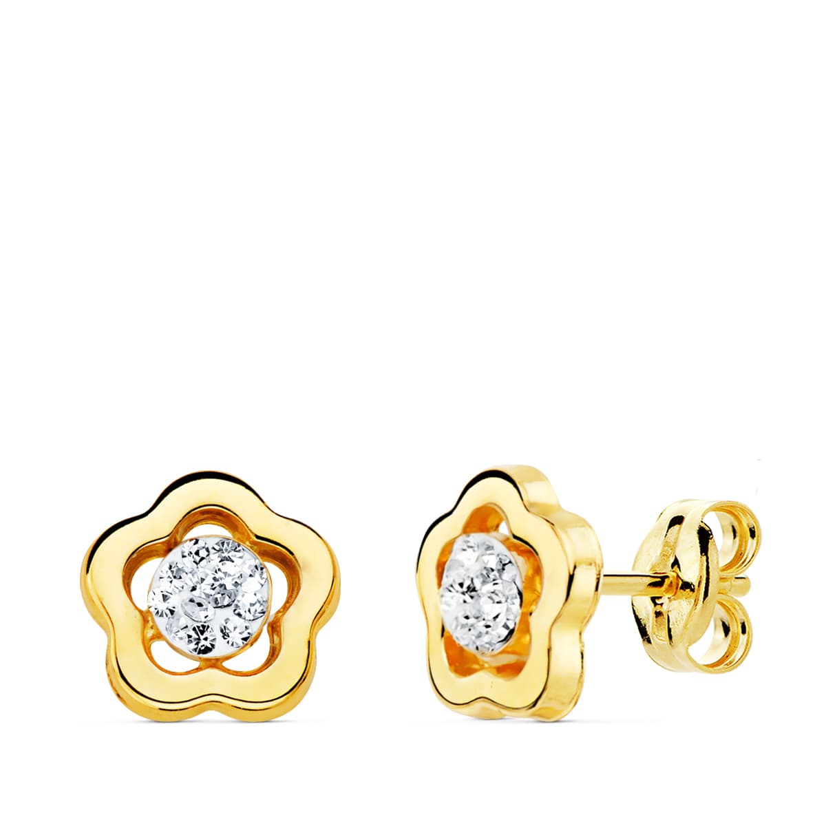 Pendientes Flor y Circonita 8 x 8 mm presión de oro amarillo 18K