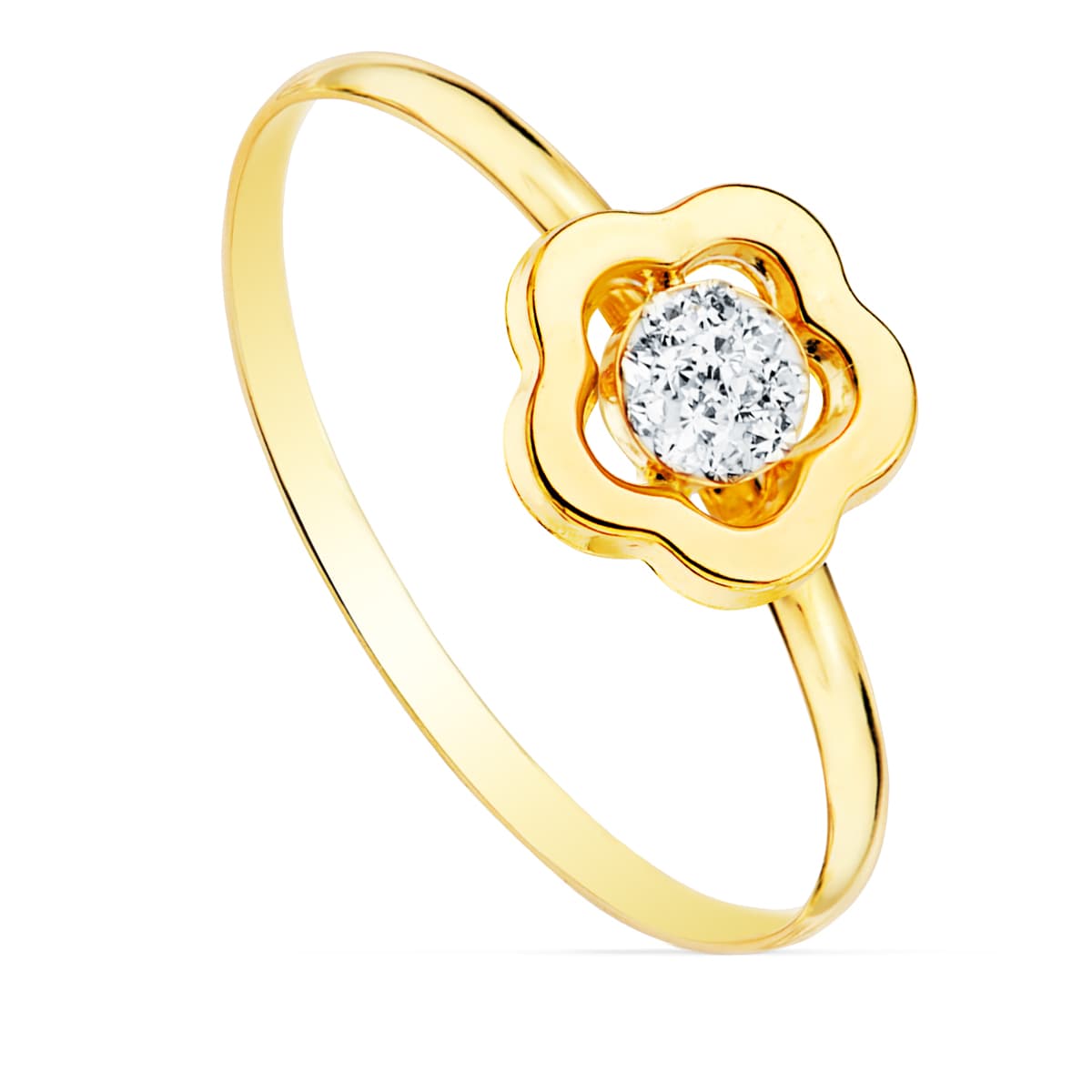 Sortija Comunion Flor y Circonita 8 x 8 mm. Ancho Cuerpo: 1 mm de oro amarillo 18K