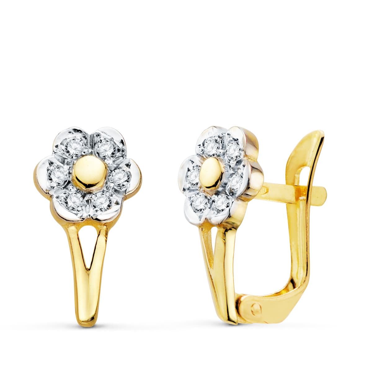 Pendientes Bicolor Flor con Circonita 13 x 7 mm 18K
