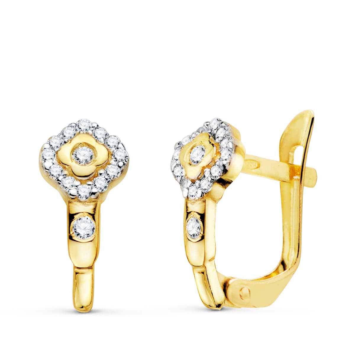 Pendientes Bicolor Rombo con Circonita 13 x 6 mm 18K