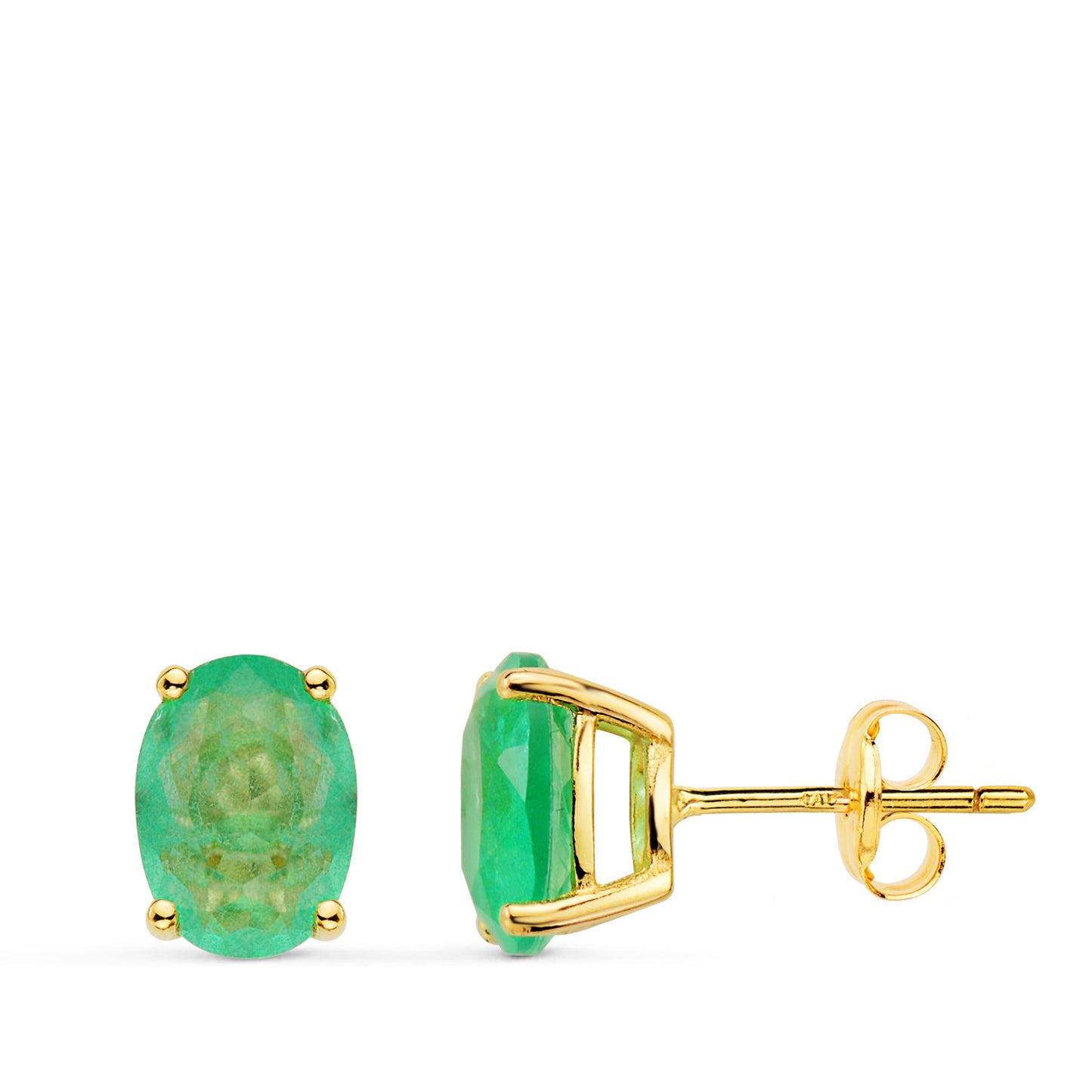 18K PEDIENTES ORO AMARILLO GARRAS PIEDRA CUARZO VERDE 8 X 6 MM CIERRE PRESION