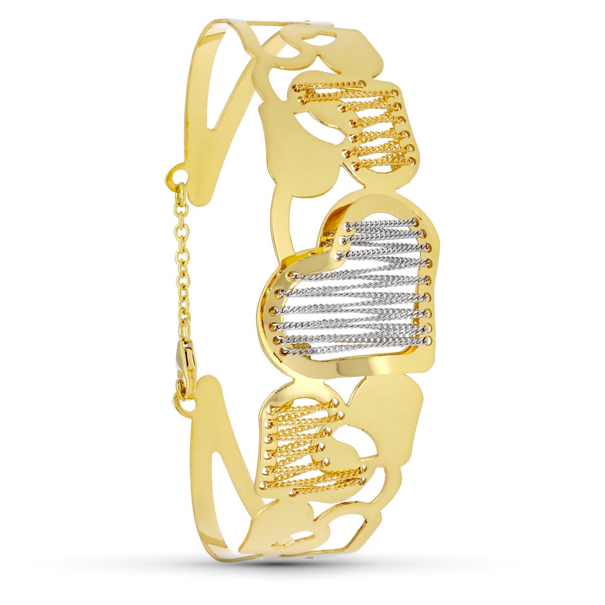 Pulsera Bicolor Rigida Corazon y Cadenas 18K