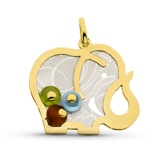 18K COLGANTE ORO BICOLOR ELEFANTE PIEDRAS COLOR 34X37 MM