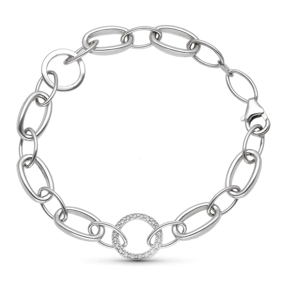 Pulsera Eslabon Oval y Circular con Circonita 18,5 cm de oro blanco 18K