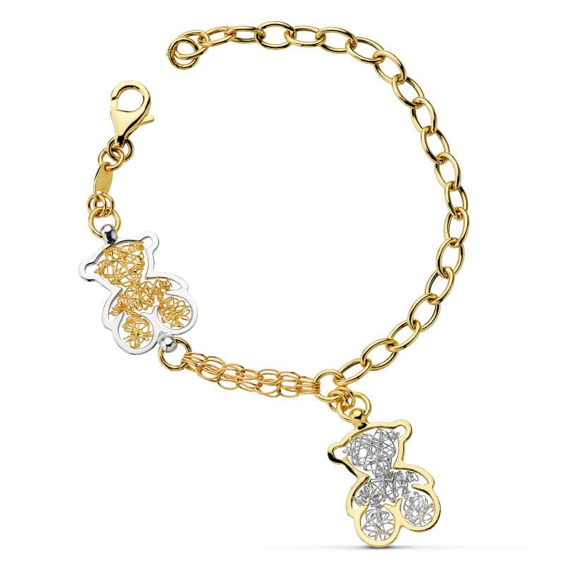 Pulsera Bicolor Osos y Eslabones 19 cm 18K