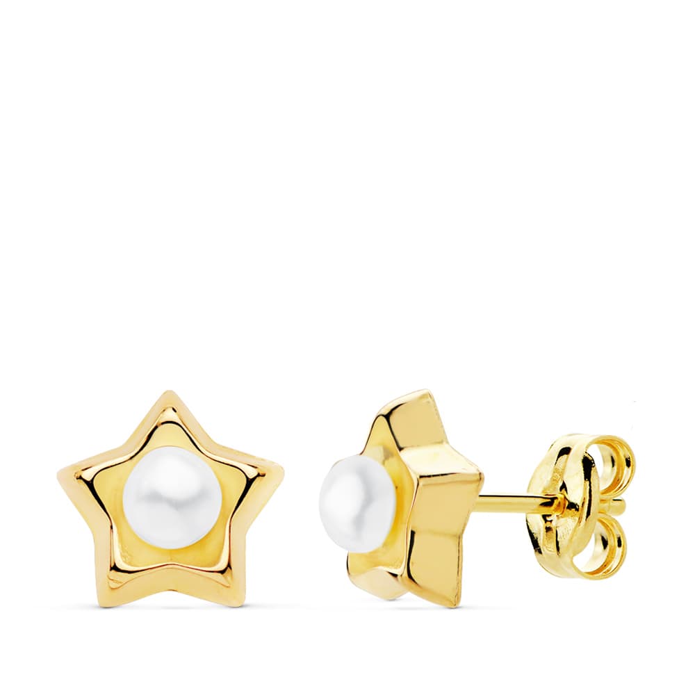 Pendientes Estrella Perla 8 x 8 mm de oro amarillo 18K
