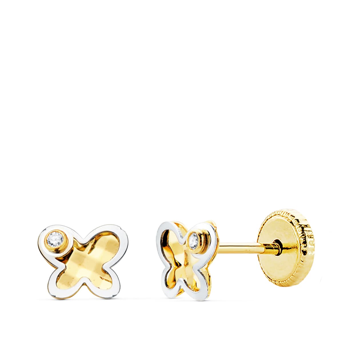 18K PENDIENTES MARIPOSA ORO BICOLOR CIRCONITA 5.5X4.5 MM CIERRRE TUERCA