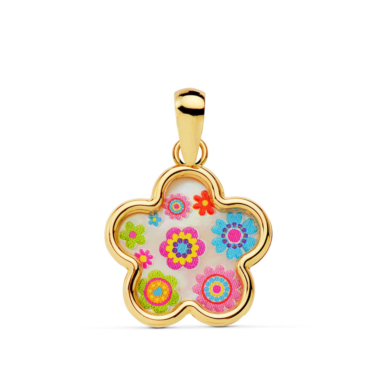 Colgante Amuleto Flor Nacar Colores. 13 x 13 mm de oro amarillo 18K