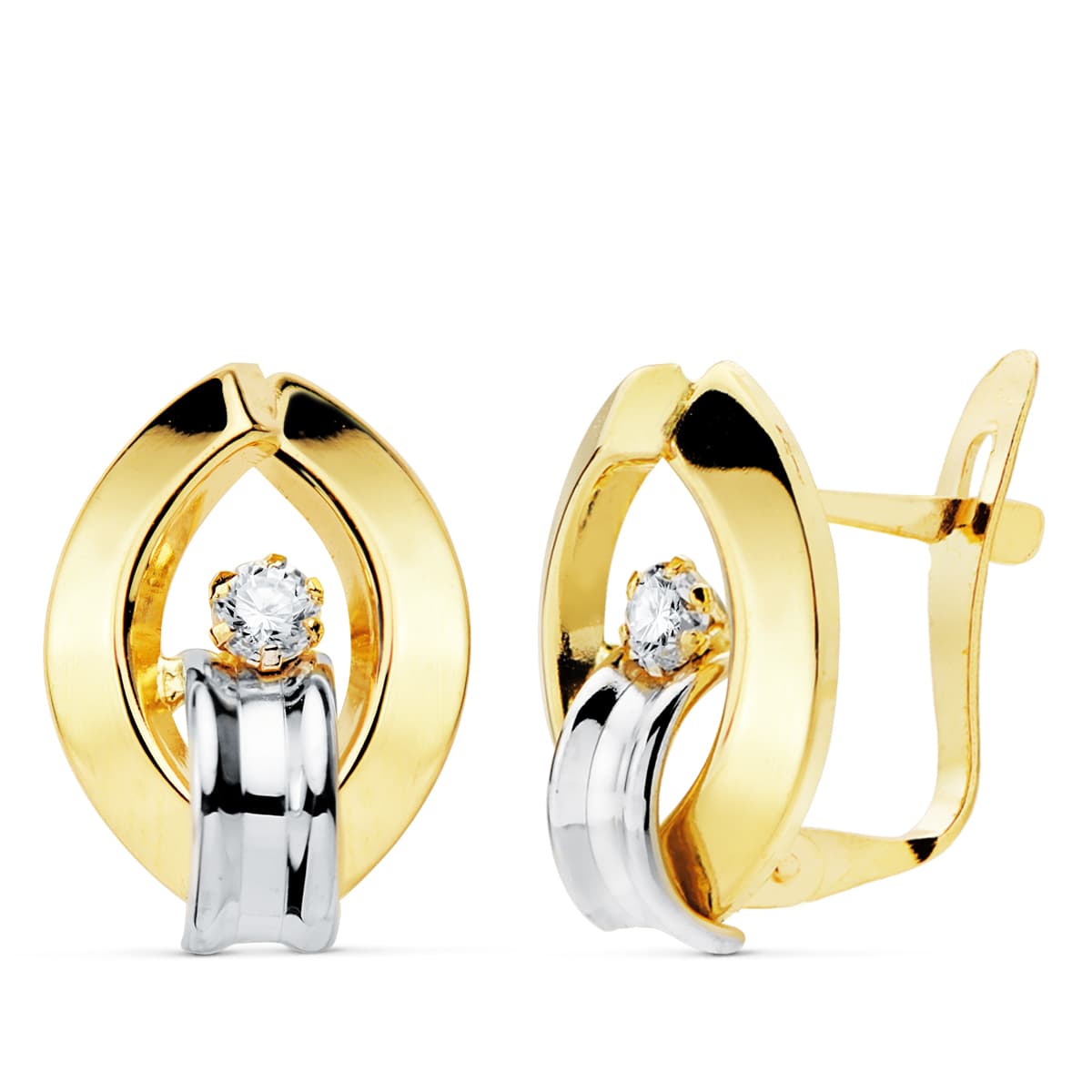 18K PENDIENTES ORO BICOLOR BANDAS Y CIRCONITA 14X10 MM CIERRE CATALÁN