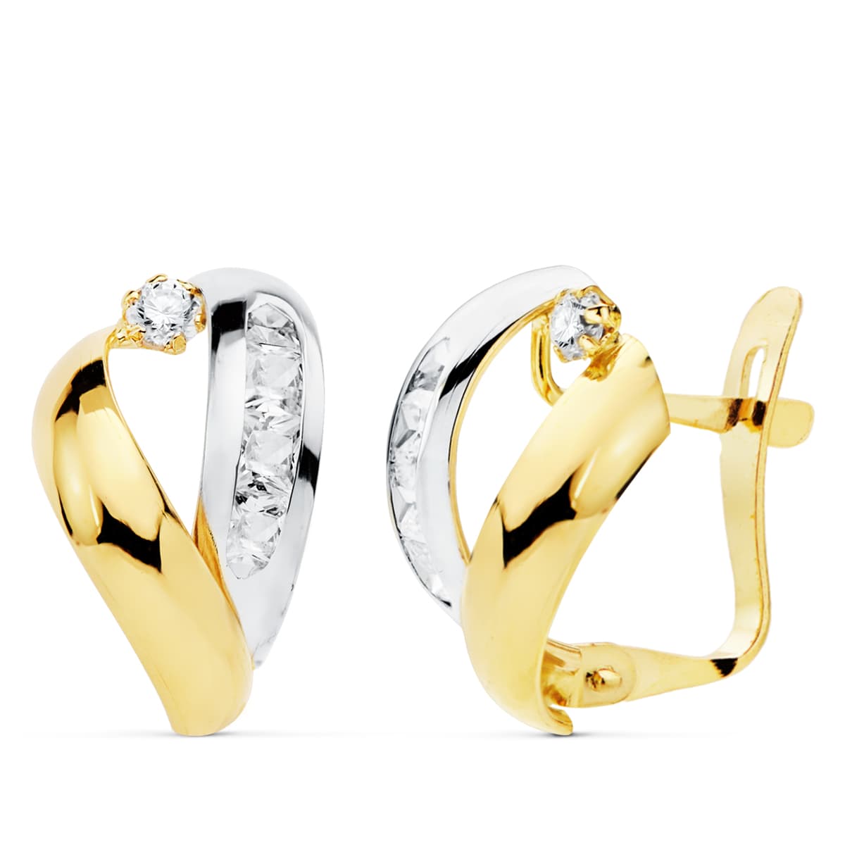 Pendientes Bicolor Bandas y Circonita 16 x 9 mm 18K