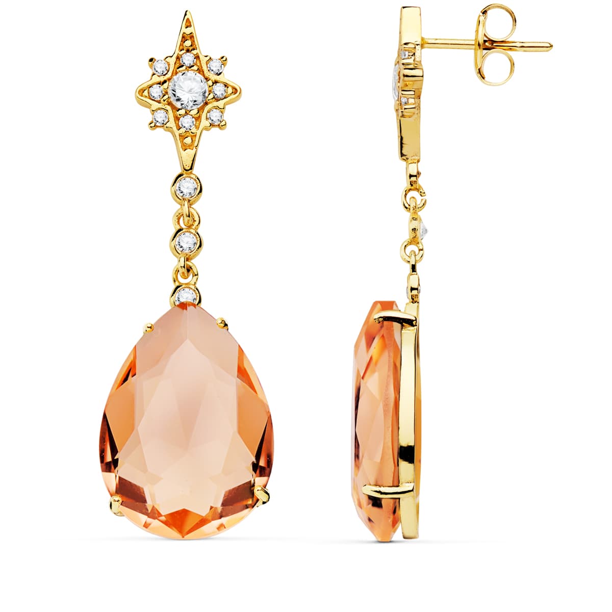 Pendientes Piedra Pera Color Kuncita 41 x 13 mm de oro amarillo 18K