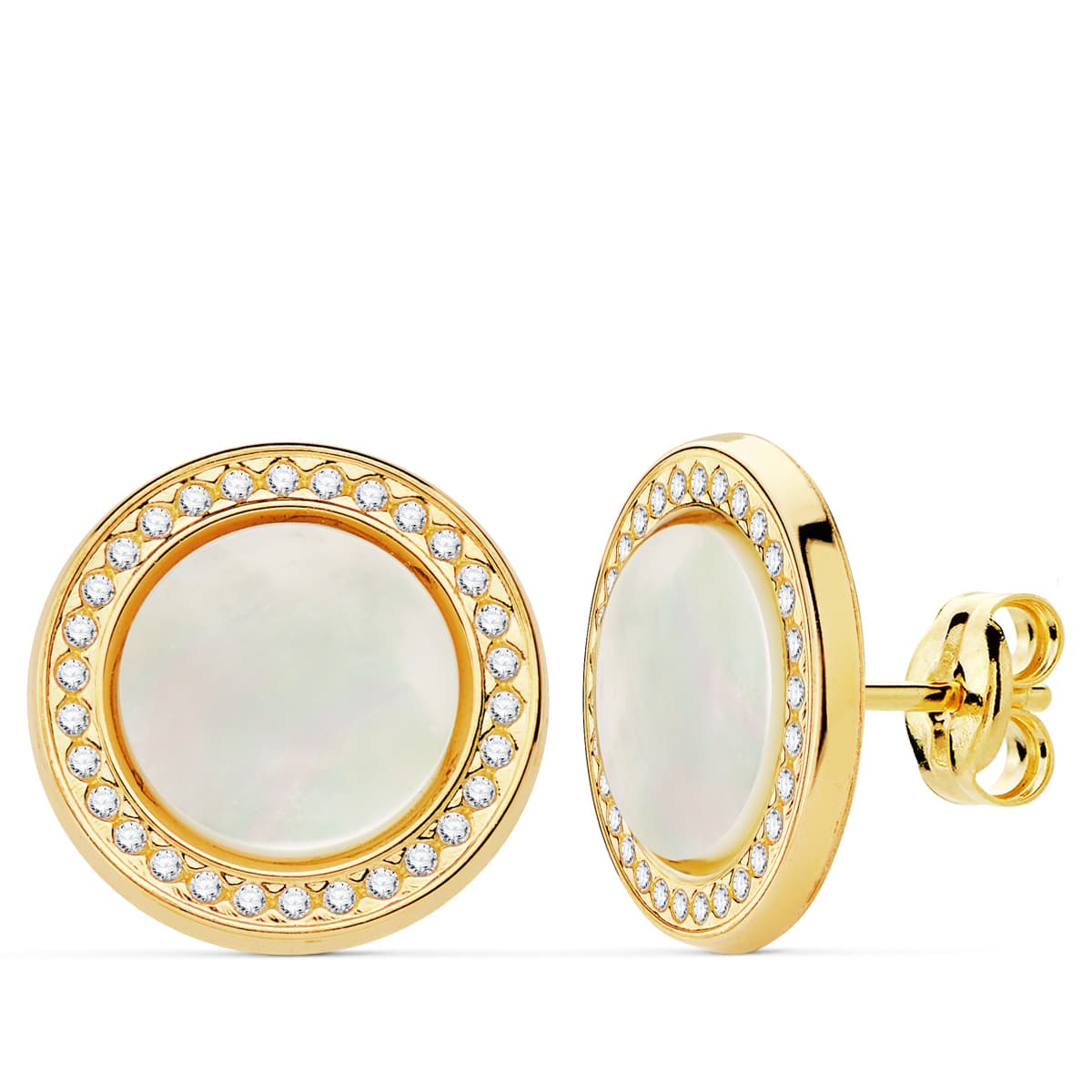 Pendientes Redondos Circonita y Nacar 12,5 mm de oro amarillo 18K