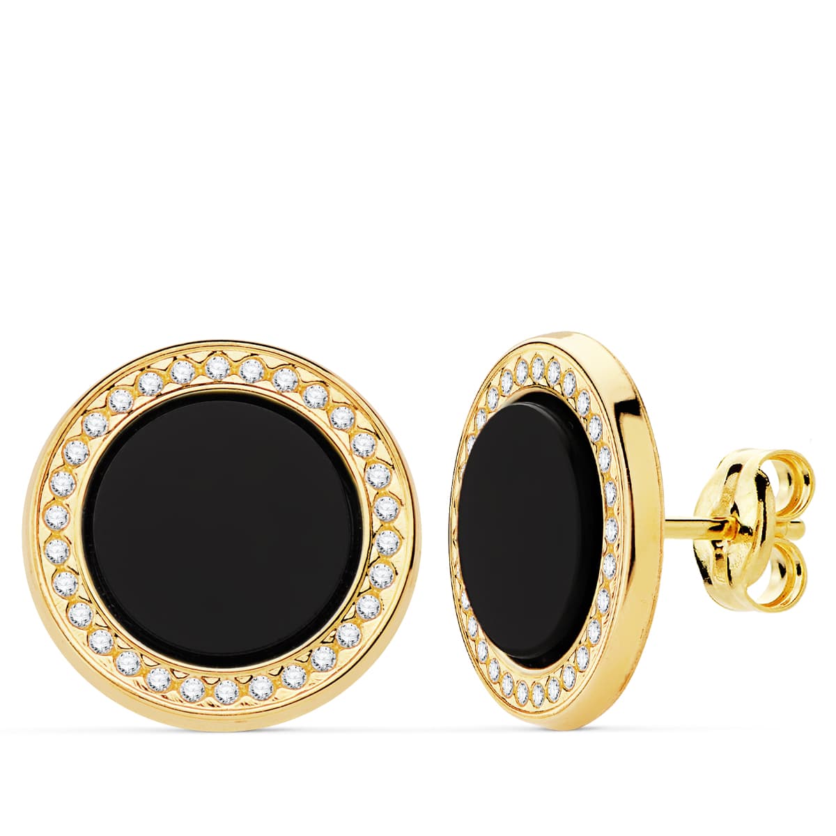 Pendientes Redondos Circonita y Onix. 12,5 mm de oro amarillo 18K