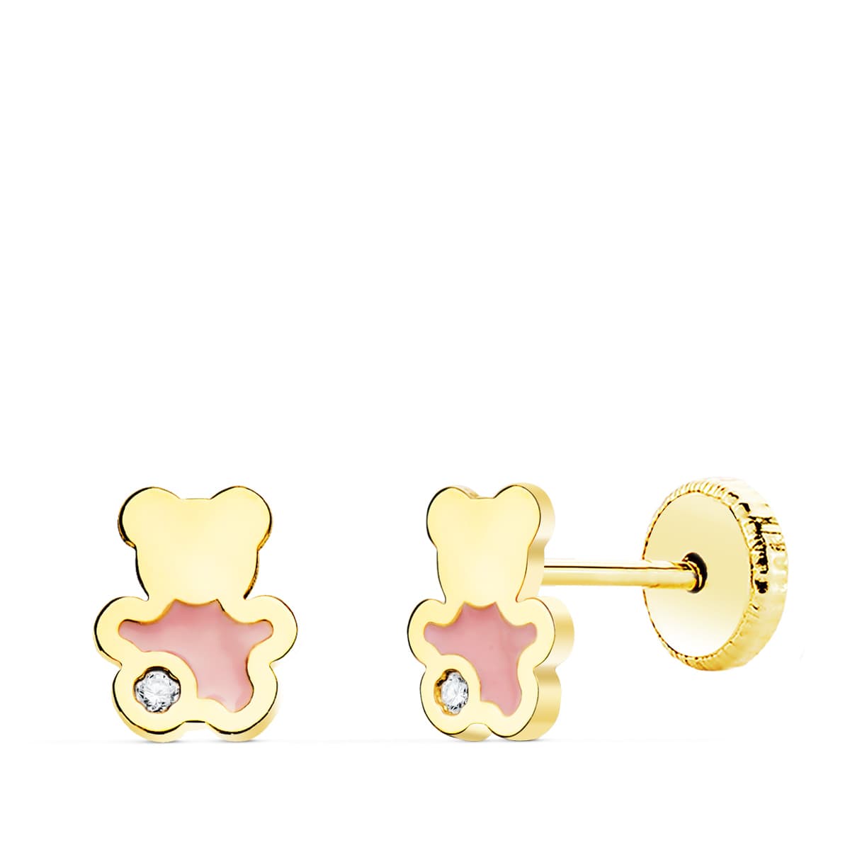 Pendientes Oso Esmalte Rosa 6 x 5 mm Cierre Tuerca de oro amarillo 18K
