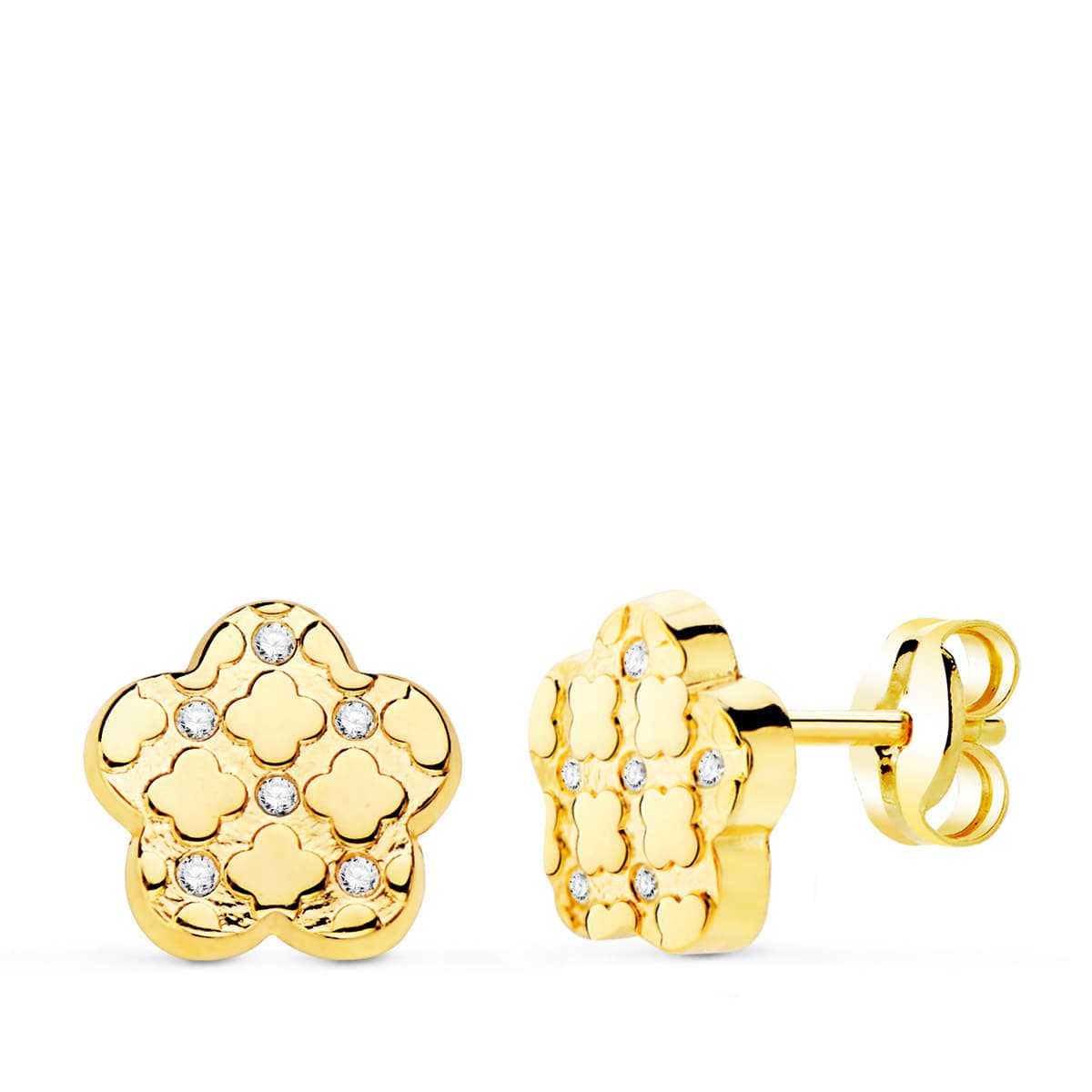 18K PENDIENTES ORO AMARILLO FLOR Y CIRCONITA 7.5X7 MM CIERRE PRESION.