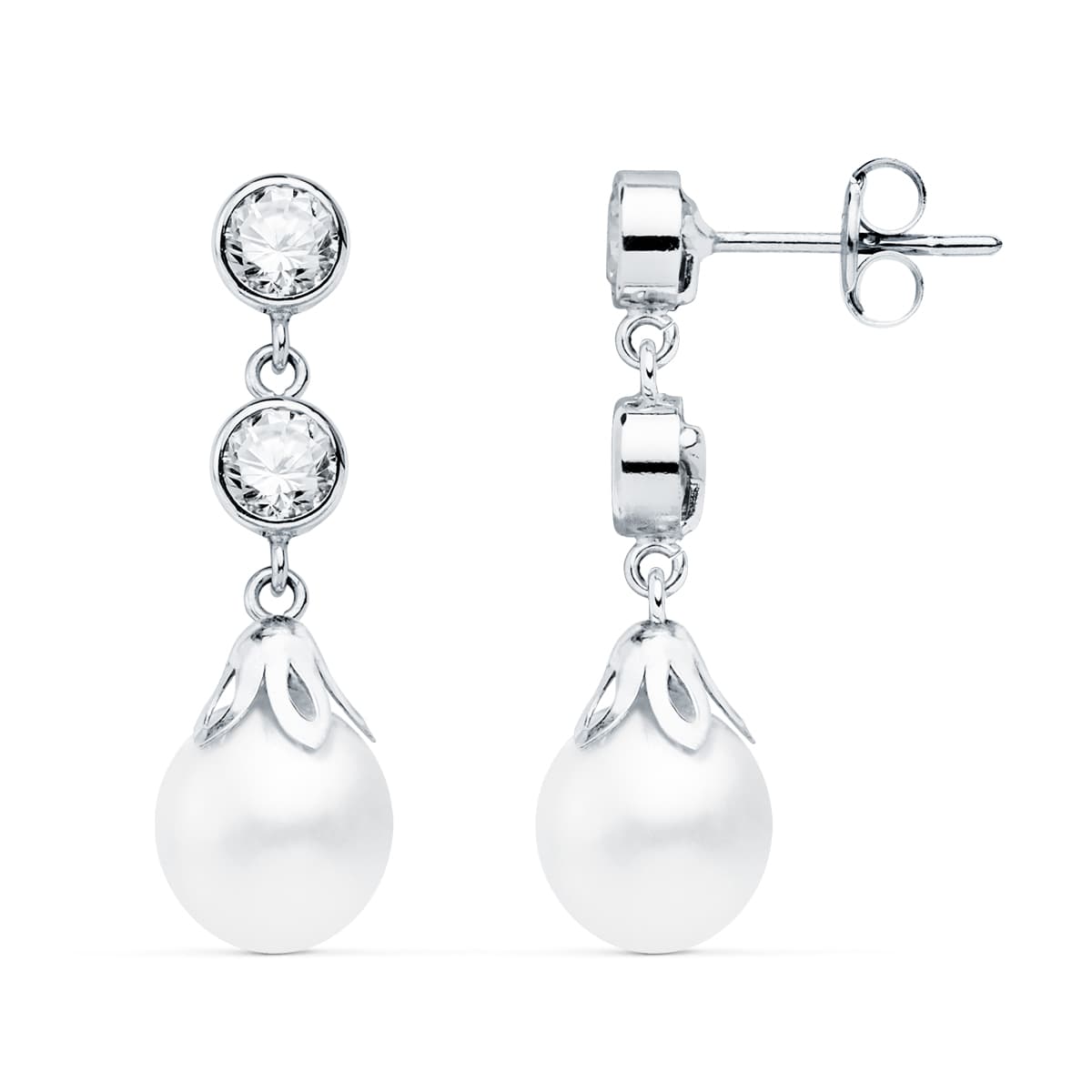 18K PENDIENTES ORO BLANCO PERLA Y CIRCONITA 24X6 MM PRESION